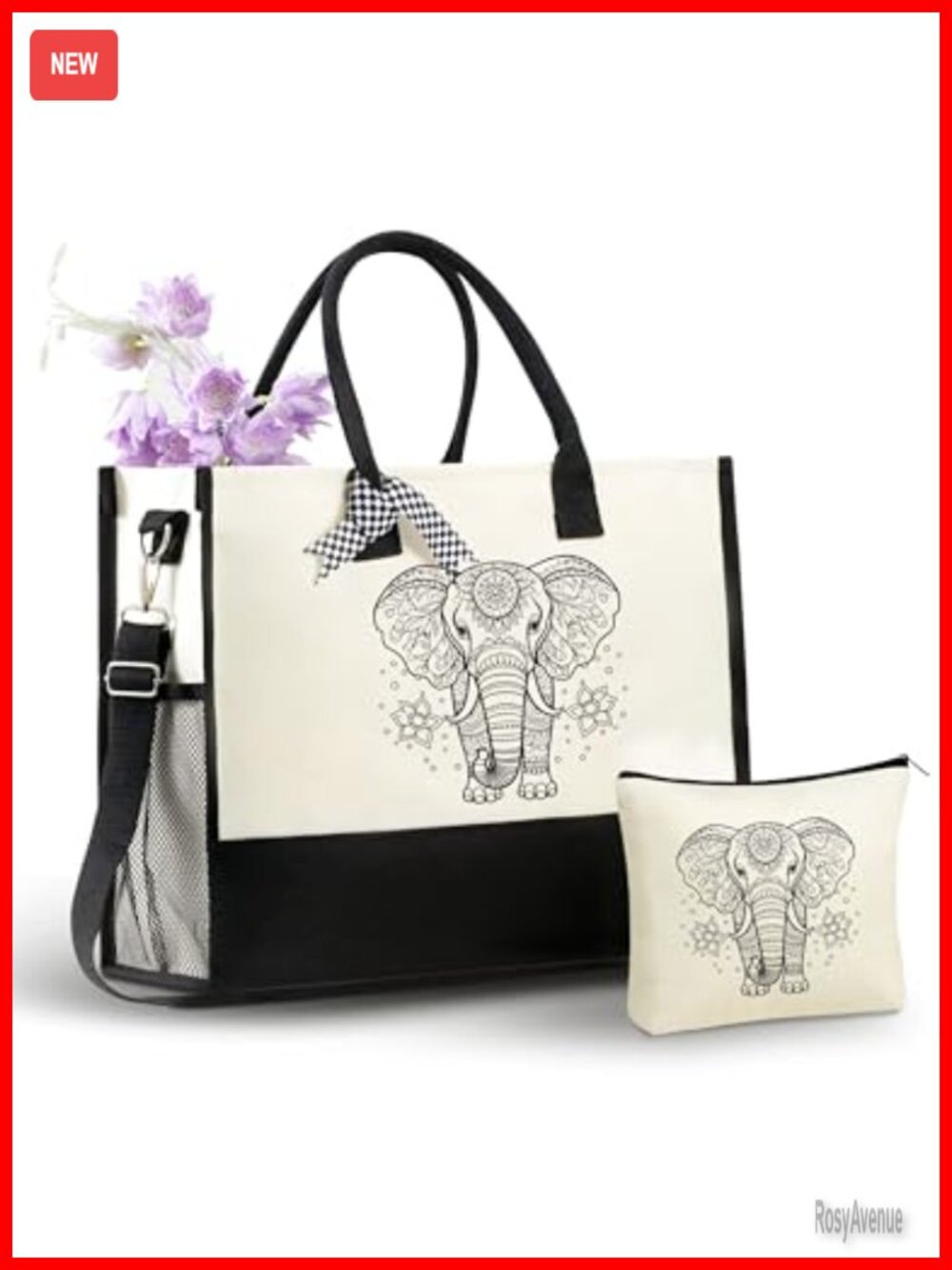 Canvas Tote Bag Set with Makeup Pouch & Zipper – Elephant Gift for Women